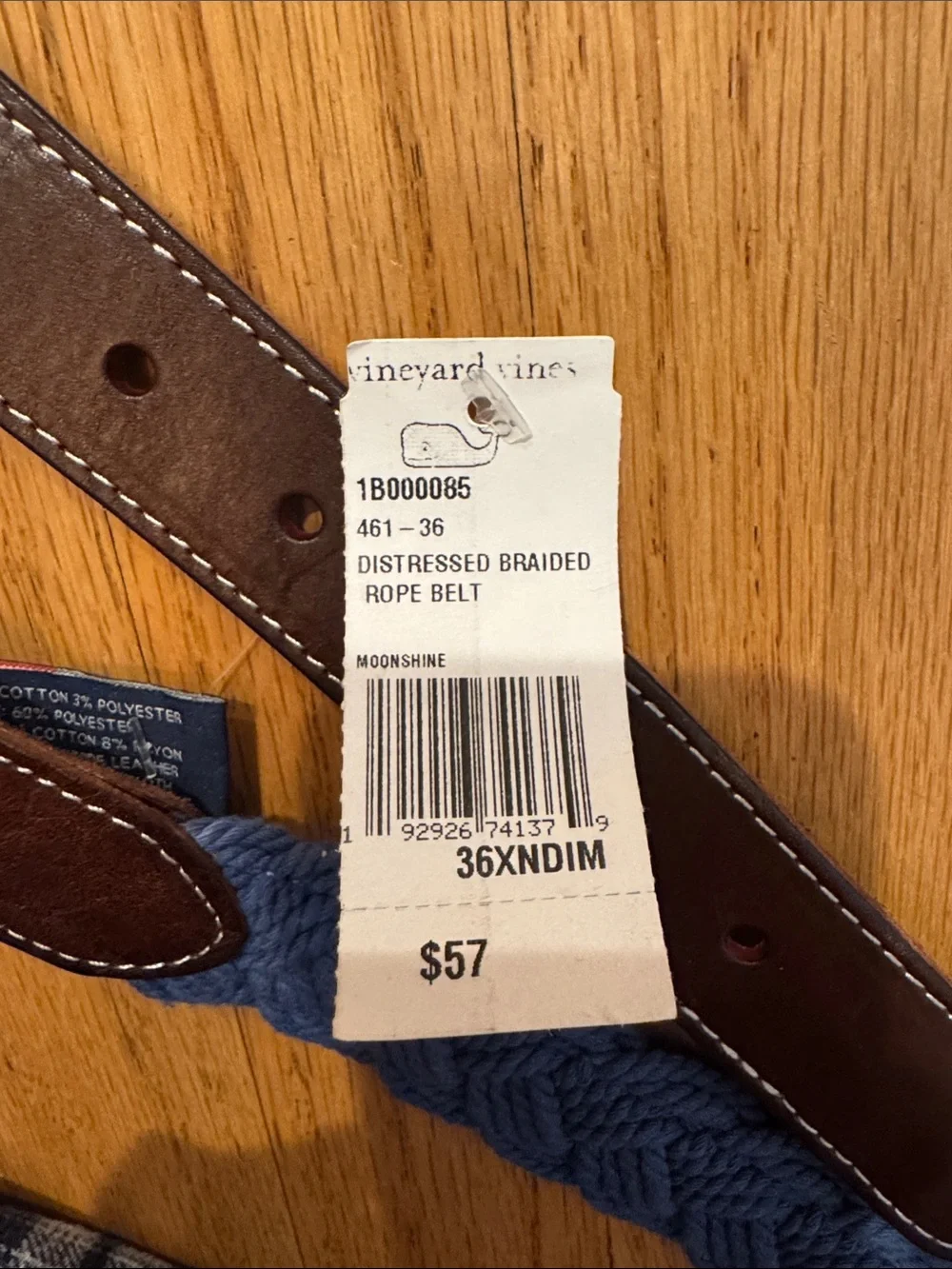 Vineyard Vines Navy Braided Rope Belt with Brown Leather - kids NWT